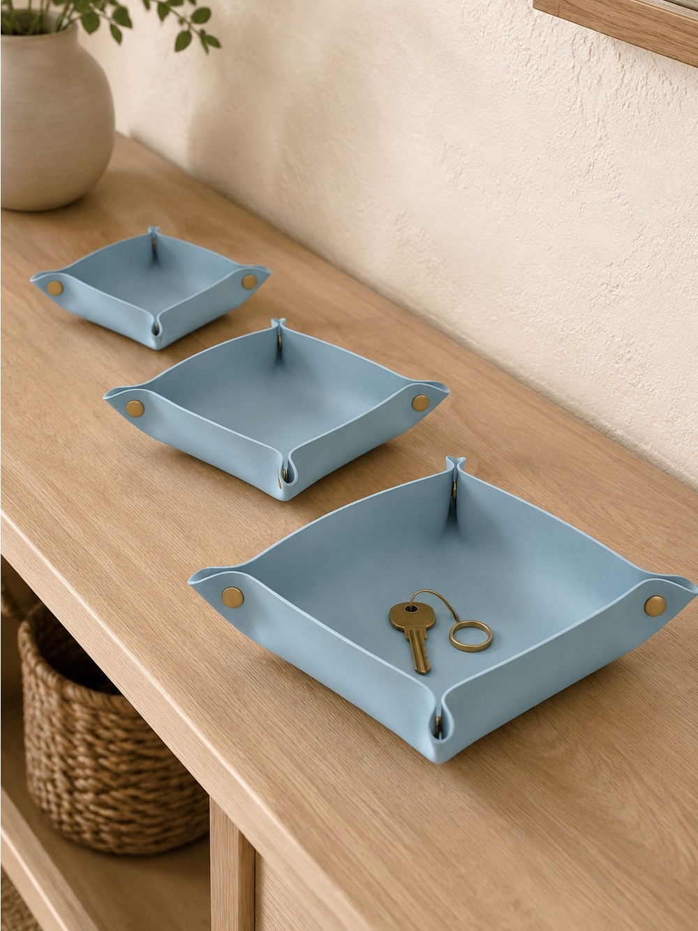 Blue Faux Leather Catchall Tray - Set of 3